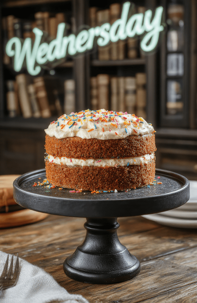 Vibrant multi-layered cake with pastel pink, teal, and lavender frosting, topped with colorful rainbow sprinkles and black-and-white checkerboard sugar cookies, presented on a dark velvet cake stand beside a single white candle and scattered gummy spiders, soft natural light highlighting the glossy buttercream and glossy sprinkles