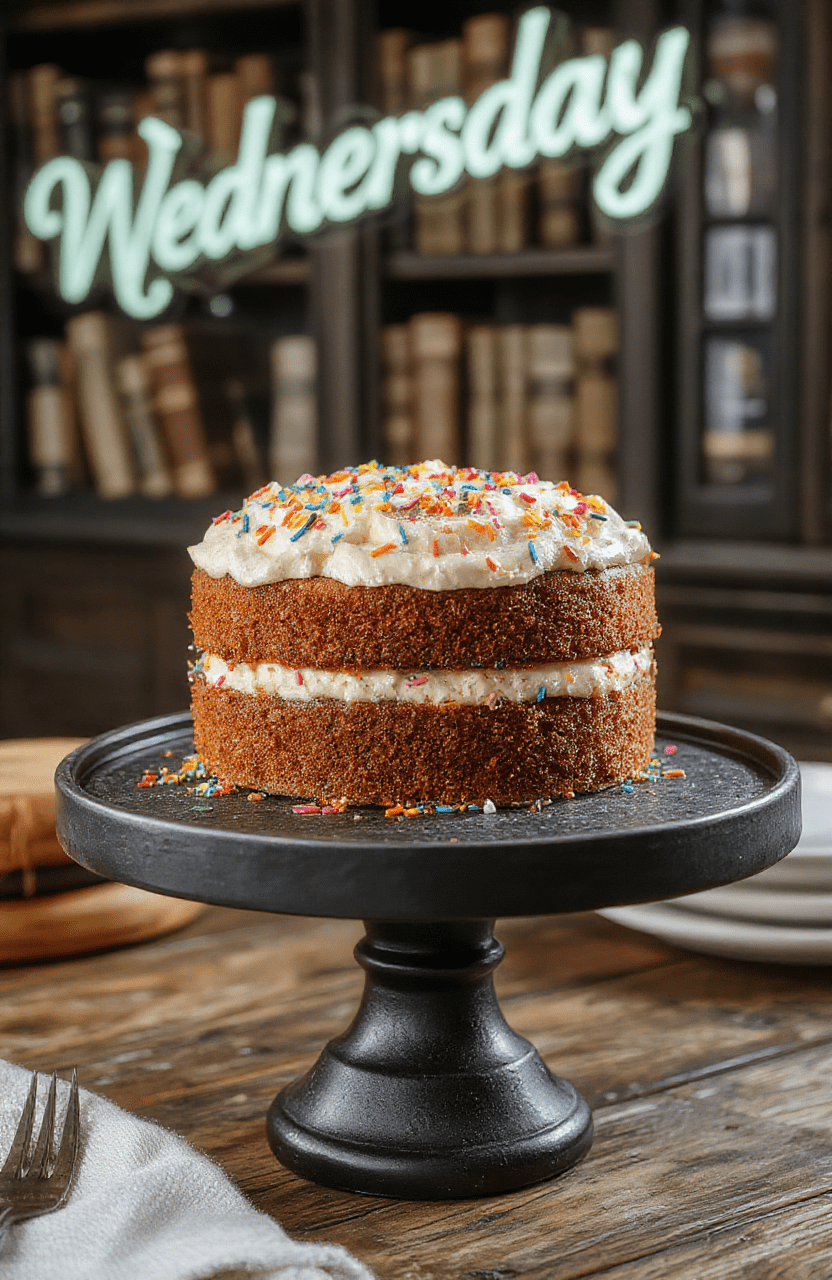 Vibrant multi-layered cake with pastel pink, teal, and lavender frosting, topped with colorful rainbow sprinkles and black-and-white checkerboard sugar cookies, presented on a dark velvet cake stand beside a single white candle and scattered gummy spiders, soft natural light highlighting the glossy buttercream and glossy sprinkles