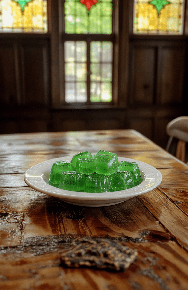Glowing emerald-green jelly cubes with vibrant spearmint flecks, set on a rustic wooden tray, accented by dried mint leaves and a faint haze of dry ice mist rising gently around them. Each jelly winks with internal clarity, catching soft daylight from above.