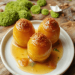 Three miniature rustic honey pots made of dark ceramic with wooden lids, filled with golden honey swirls and topped with a candied honeycomb drizzle and edible gold flakes, resting on a vintage wooden cutting board with visible grain and a sprig of fresh lavender nearby, soft daylight, warm tones, cozy aesthetic