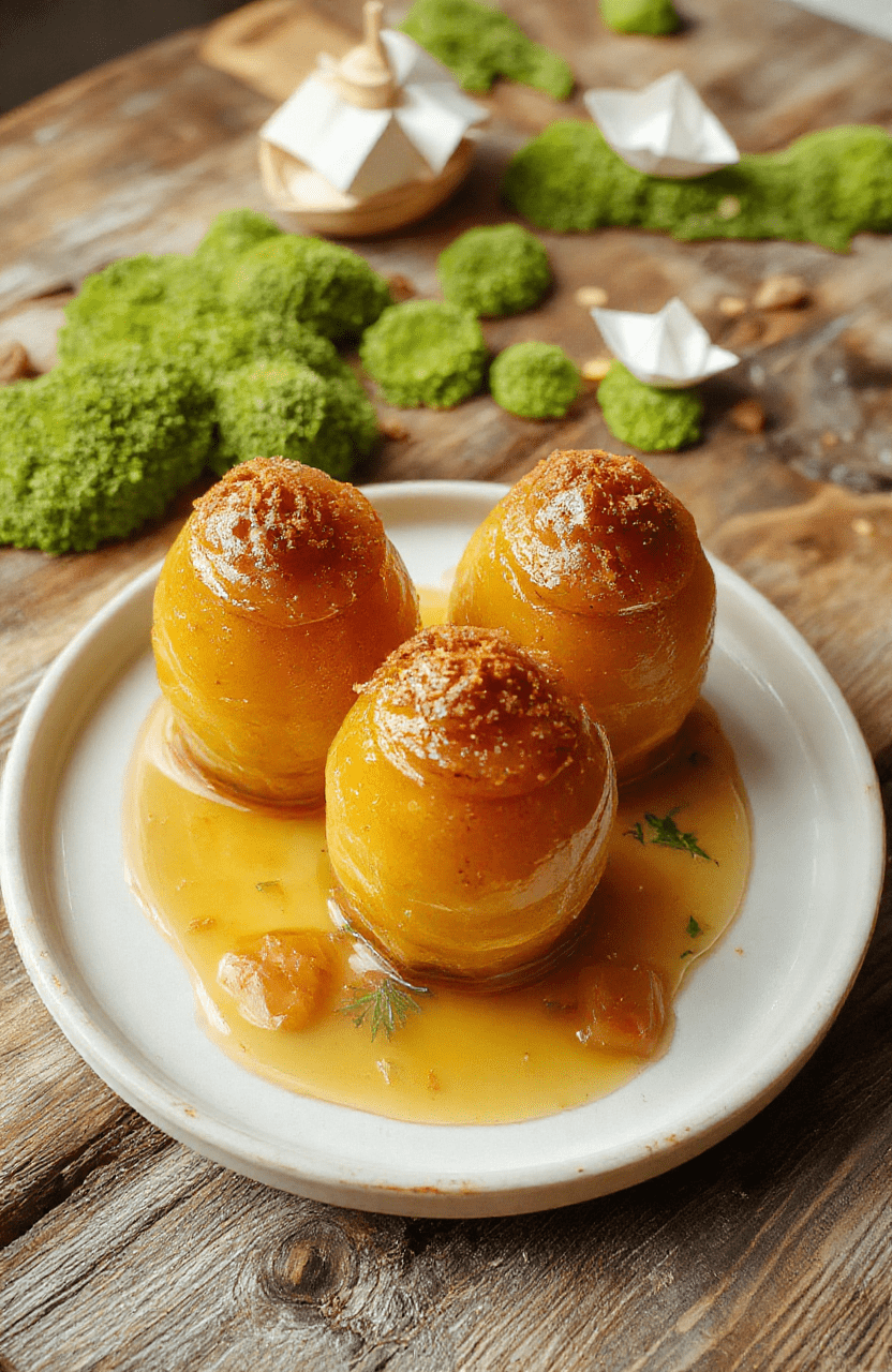 Three miniature rustic honey pots made of dark ceramic with wooden lids, filled with golden honey swirls and topped with a candied honeycomb drizzle and edible gold flakes, resting on a vintage wooden cutting board with visible grain and a sprig of fresh lavender nearby, soft daylight, warm tones, cozy aesthetic