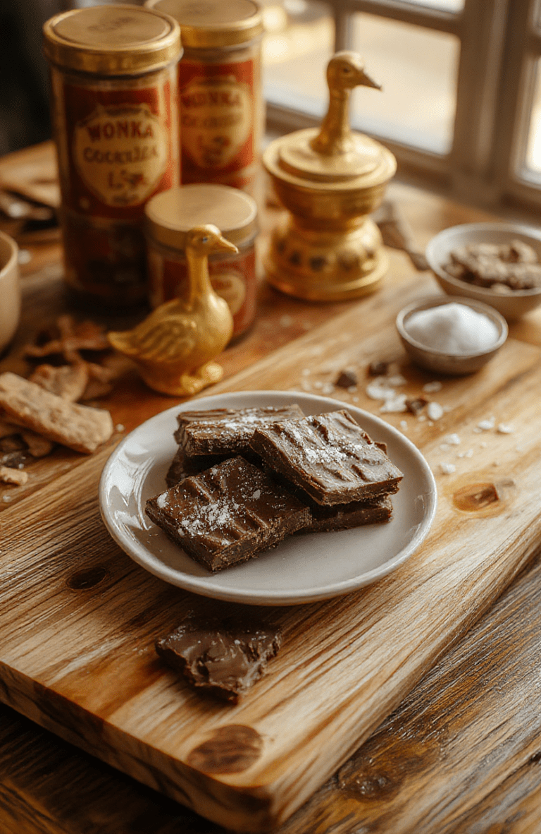 Three handcrafted Wonka Scrumdiddlyumptious chocolate bars wrapped in vibrant gold foil with purple and green swirls, placed on a rustic wooden table with a sprinkle of edible glitter, edible flowers, and a vintage Wonka-brand candy wrapper in the background. The chocolate bars have a glossy, rich surface with visible cocoa nibs and a touch of melting drips for a delectable finish.