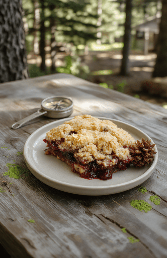 A rustic handheld berry crumble pie with bubbling golden-brown topping, filled with mixed wild berries like blueberries, raspberries, and blackberries, served on a parchment-lined wooden board, garnished with fresh thyme and edible flowers, soft natural light, casual shot.