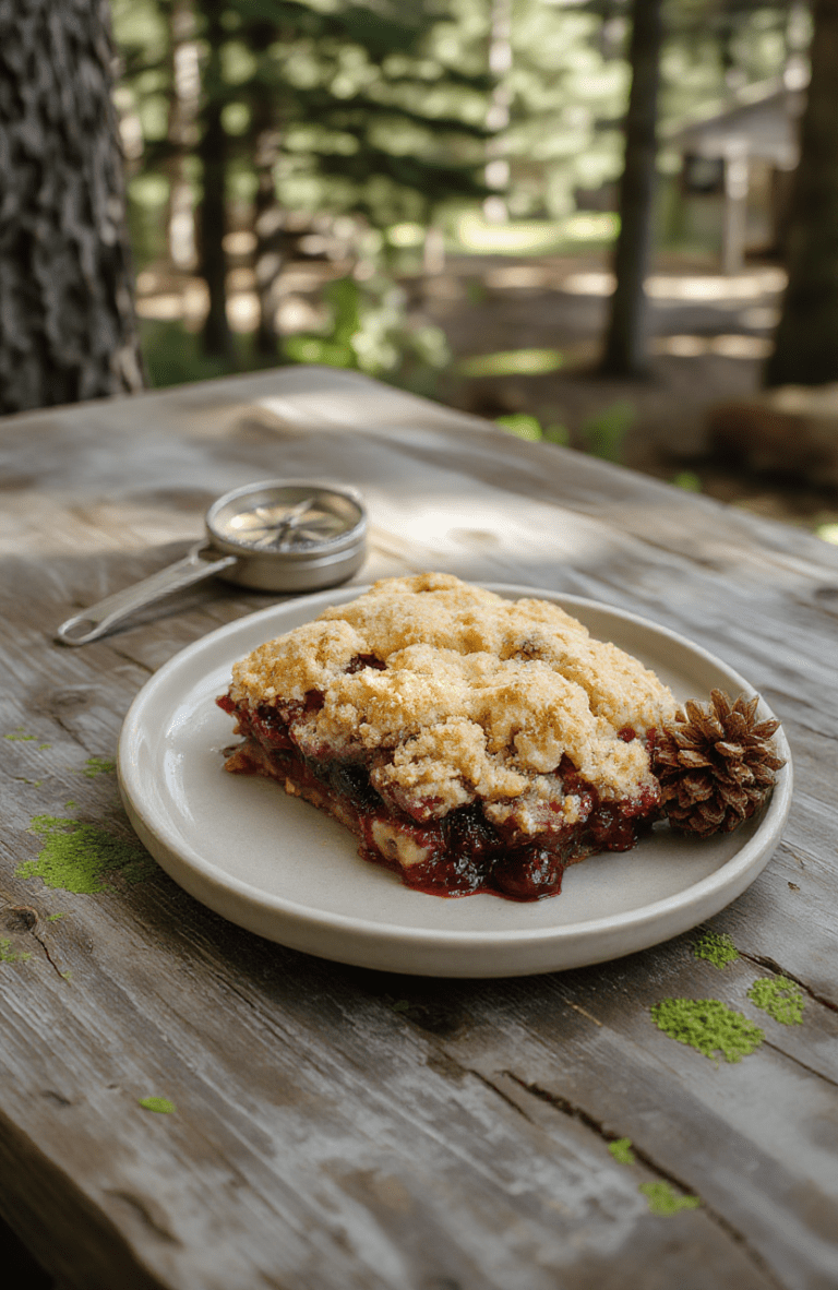 A rustic handheld berry crumble pie with bubbling golden-brown topping, filled with mixed wild berries like blueberries, raspberries, and blackberries, served on a parchment-lined wooden board, garnished with fresh thyme and edible flowers, soft natural light, casual shot.