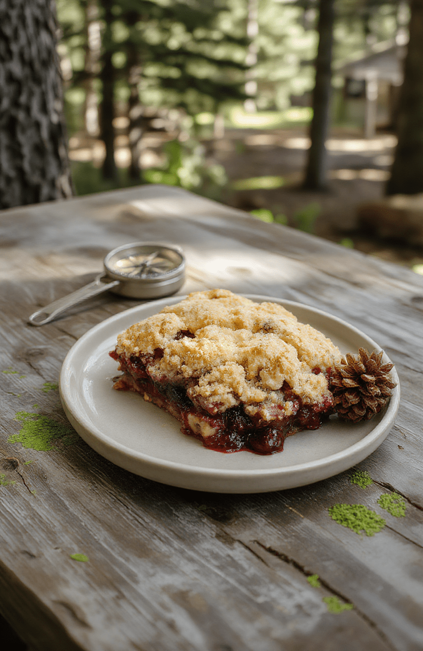 A rustic handheld berry crumble pie with bubbling golden-brown topping, filled with mixed wild berries like blueberries, raspberries, and blackberries, served on a parchment-lined wooden board, garnished with fresh thyme and edible flowers, soft natural light, casual shot.