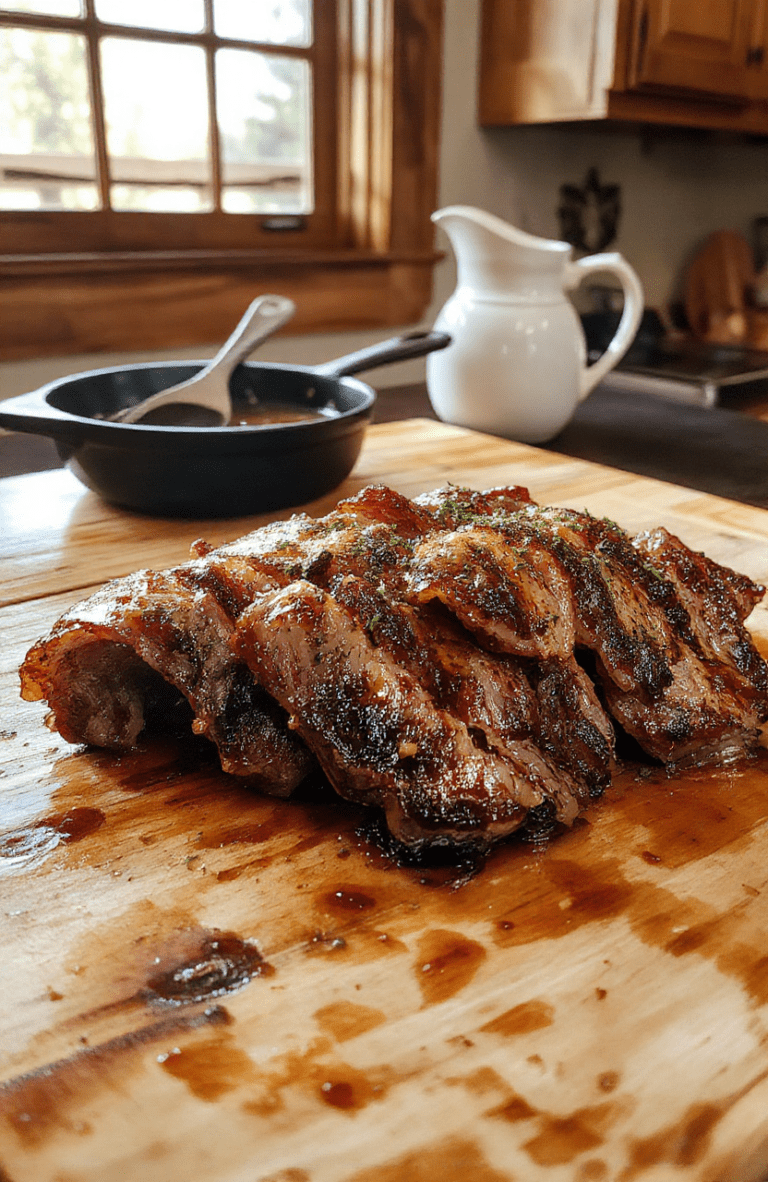 Thick-cut ribeye steaks resting on a rustic wooden cutting board, charred crust glistening with grilled juices, flecked with coarse sea salt and fresh rosemary sprigs, served beside creamy mashed potatoes and charredasparagus, on a vintage checkered tablecloth, sunlight filtering through a rustic kitchen window.