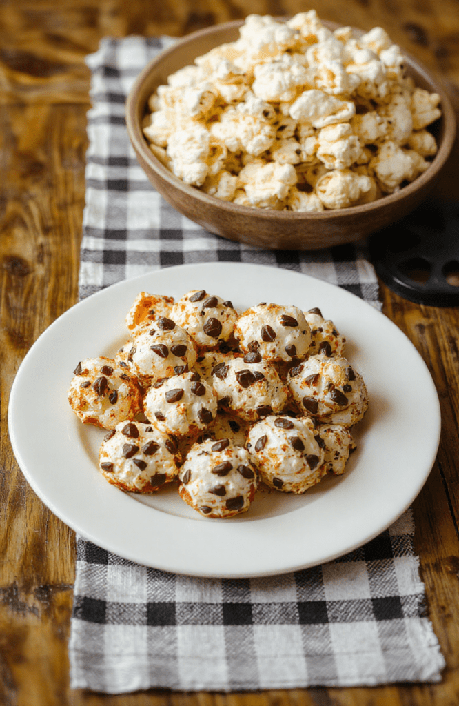 A festive Dalmatian-themed movie night table: a large slate board piled with spotted sugar cookies, black and white cupcakes, mini hot dog bites wrapped in crescent dough with sesame spots, popcorn tossed with sesame crumbs, and a spooky cheese dip served in a dark pot. Rustic wooden table, moody Halloween lighting, red napkins add contrast.