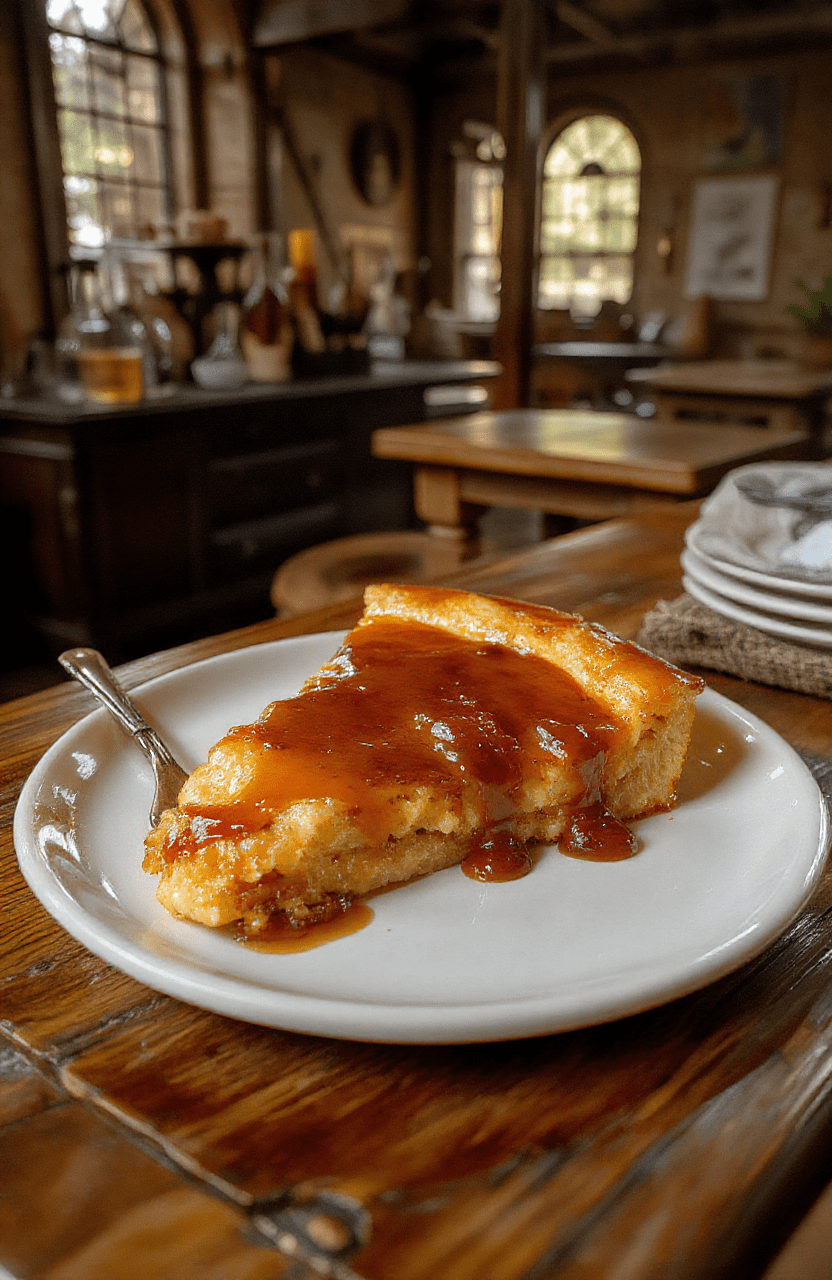 A warm, golden treacle tart sits on a vintage blue ceramic plate, a flaky butter crust gleaming with syrupy filling. Delicate lemon zest specks dust the surface, while a sprinkle of sea salt and a few fresh berries add color. The tart is plated on a rustic wooden board with parchment and an old spellbook in the background, illuminated by candlelight for a magical, Hogwarts-feast vibe.