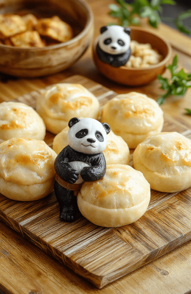 A platter of pale, pillowy sweet bean buns with glossy red bean filling peeking from pleated tops, arranged on a light wooden board. Sesame seeds sprinkle the tops, and a small panda figurine sits nearby. Warm, inviting lighting highlights the soft texture and steam rising from the buns, with bamboo accents in the background.