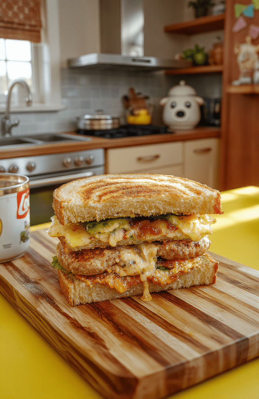 Colorful Jake's Perfect Sandwich plated on a light wooden board. Golden toasted bread, gooey cheese, crisp lettuce, and tomato peek from the halves. Bright pastel kitchen backdrop with candy-inspired accents and playful cartoon touches. Natural daylight, shallow depth of field, soft shadows, casual rustic presentation.