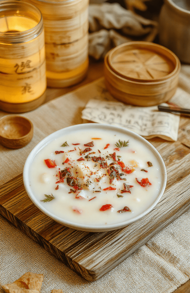 Steaming bowl of authentic Mulan inspired porridge topped with sliced green onions, ginger ribbons, and shiitake mushrooms; pork flecks glisten in a savory congee, served in a ceramic bowl on a woven placemat with a bamboo spoon; sesame oil sparkles under warm ambient light on a rustic wooden table.