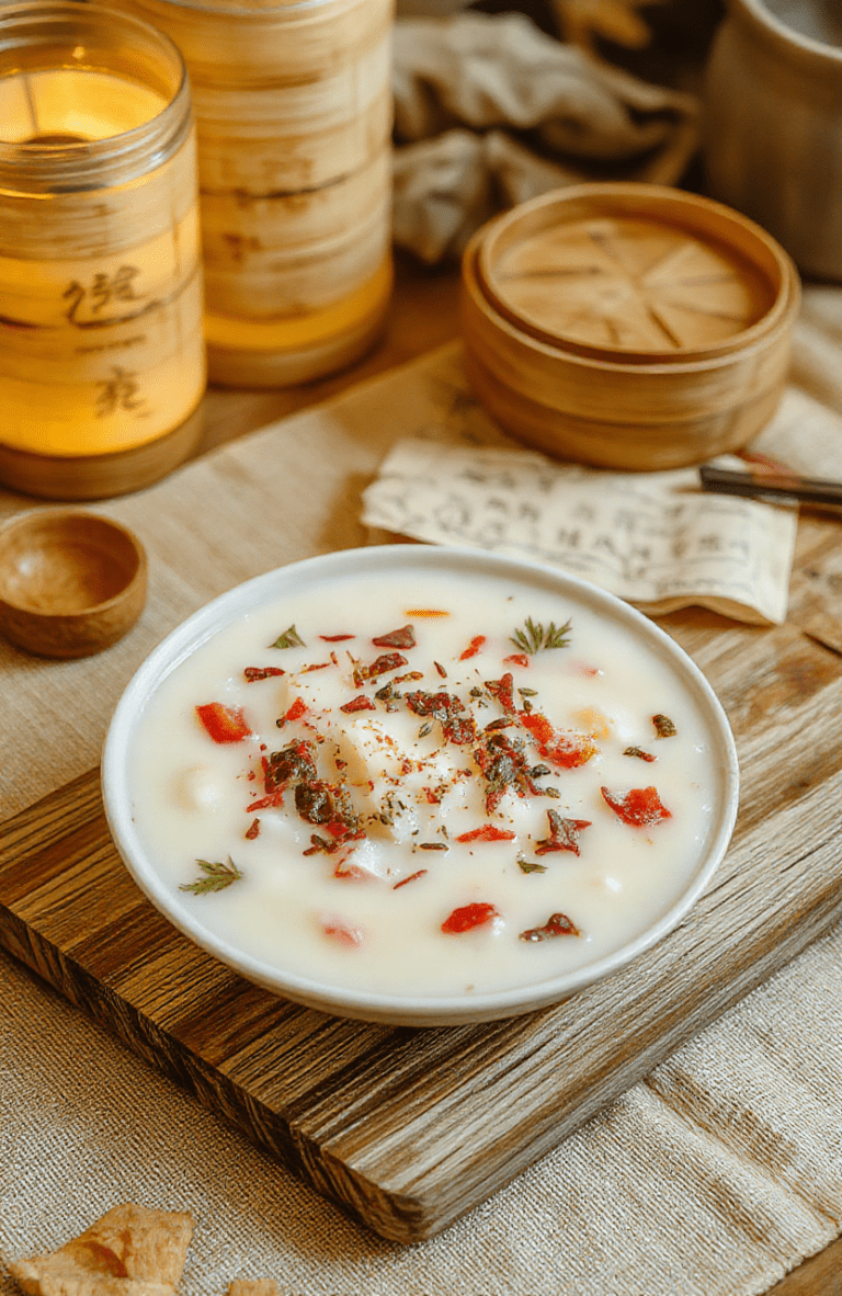 Steaming bowl of authentic Mulan inspired porridge topped with sliced green onions, ginger ribbons, and shiitake mushrooms; pork flecks glisten in a savory congee, served in a ceramic bowl on a woven placemat with a bamboo spoon; sesame oil sparkles under warm ambient light on a rustic wooden table.