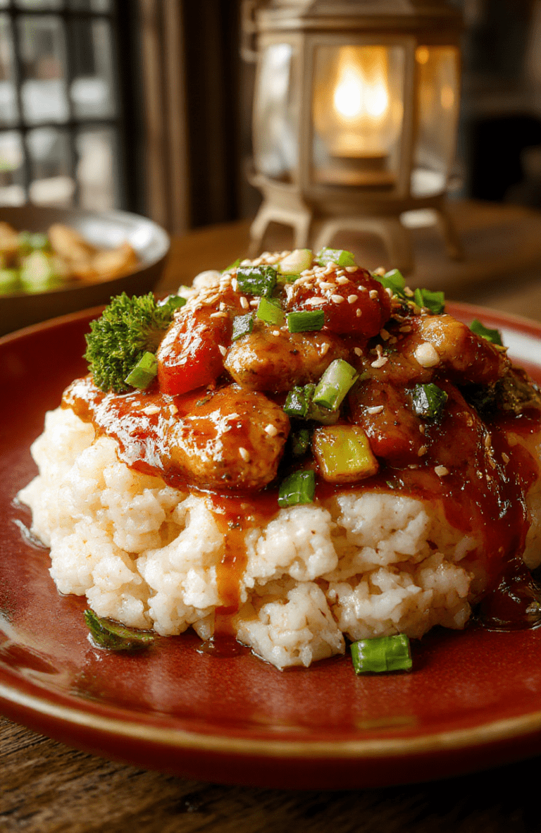 A vibrant plate of sesame chicken over fluffy jasmine rice with crisp broccoli and red bell pepper, glossy sauce clinging to bite-sized chicken, sesame seeds sprinkled on top and chopped green onions for color. The dish sits on a red lacquered plate with a gold rim, accompanied by a small bowl of extra sauce and a pair of wooden chopsticks resting diagonally. Warm lantern-light ambiance, wooden table, and subtle decorative elements evoke a festive, family-friendly Asian dinner setting.