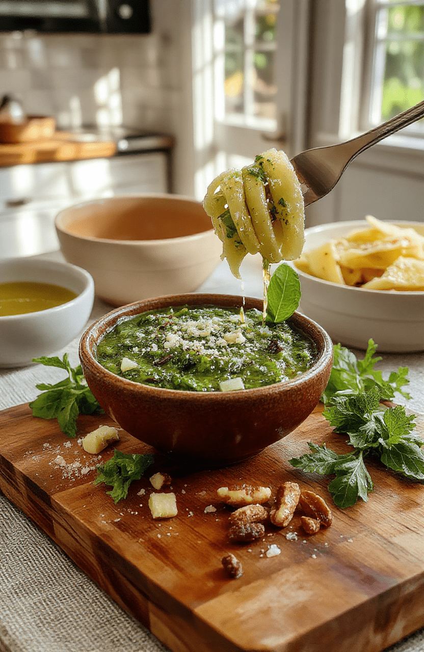 A sunlit Italian kitchen scene featuring a rustic wooden board with a bowl of bright Genovese pesto, scattered basil leaves, pine nuts, grated Parmigiano, and perfectly al dente trenette tossed with a glossy olive oil drizzle; rustic ceramic bowls and a light linen cloth complete the composition.