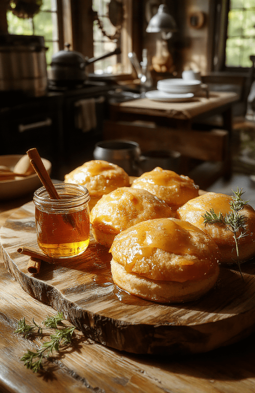 Golden Beorn's Sweet Honey Cakes arranged on a rustic wooden board, amber honey glaze catching light, dusted with cinnamon and sugar, a small honey dipper, a sprig of thyme, and a leafy forest backdrop that hints at Beorn's burly, nature-filled feast. The cakes have a crumbly, tender texture with a glossy finish and a light dusting of zest, styled simply for a Middle-earth banquet.