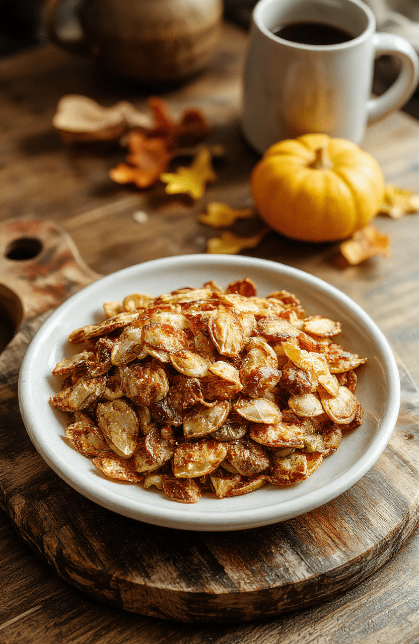 A close-up of golden brown roasted pumpkin seeds in a small white bowl on a rustic wooden board, with a sprinkle of flaky sea salt and a light drizzle of olive oil. The seeds are crisp and glossy, with a few darker roasted pieces, on a beige linen cloth. Warm autumn light highlights their crunchy texture.