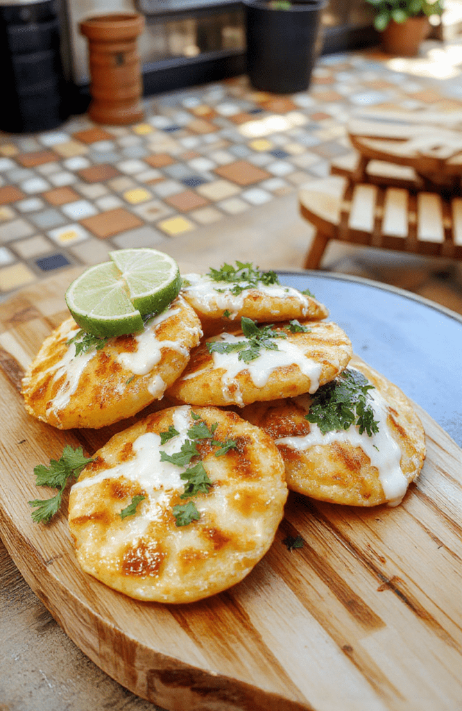 Golden, crisp arepas split and stuffed with melting mozzarella on a warm wooden board, with avocado crema, lime wedges, cilantro, and a dusting of paprika; vibrant yellow-orange shells contrast with white cheese and green garnish.
