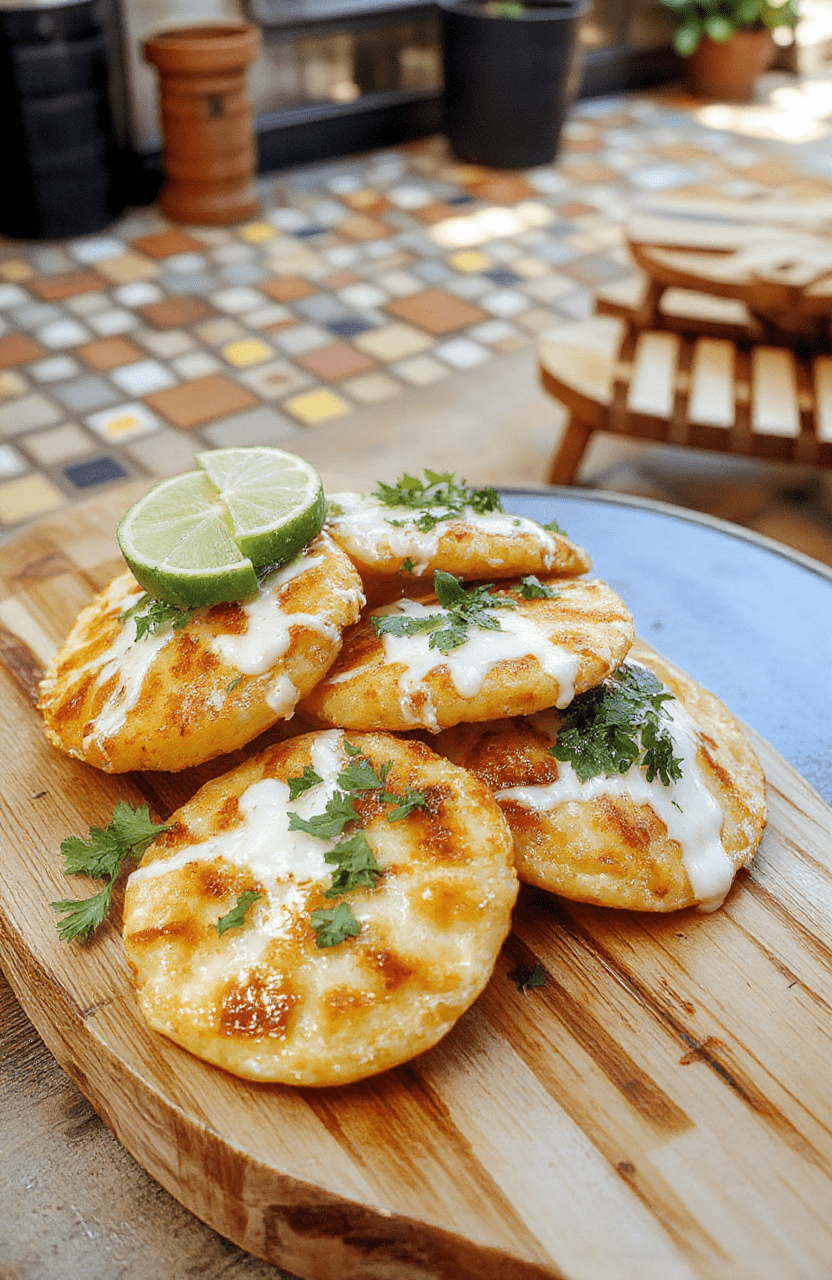 Golden, crisp arepas split and stuffed with melting mozzarella on a warm wooden board, with avocado crema, lime wedges, cilantro, and a dusting of paprika; vibrant yellow-orange shells contrast with white cheese and green garnish.
