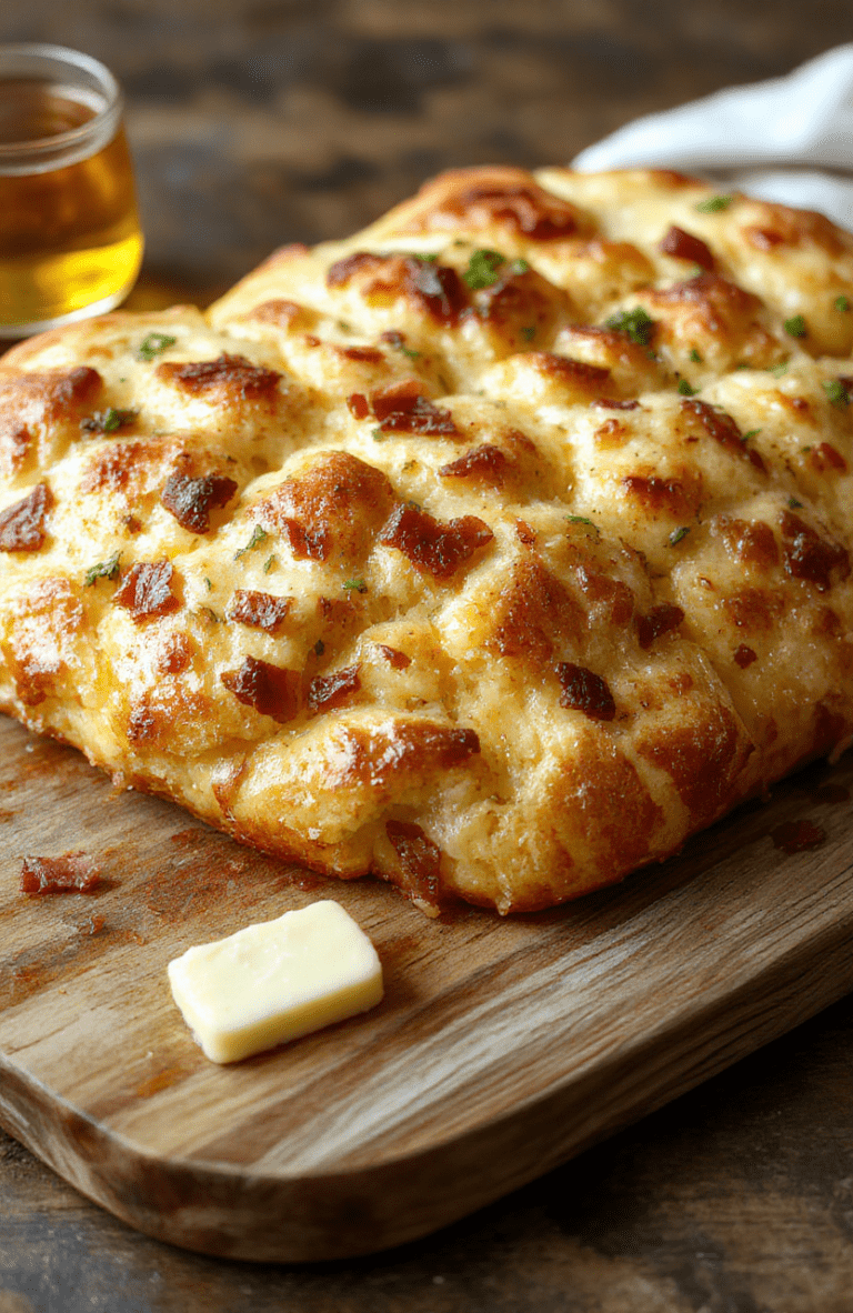 A golden-brown loaf of Cheesy Harry Potter Ale Bread sits on a rustic wooden board. The crust gleams with cheddar pockets and crispy bacon bits peeking through, brushed with melted butter. A knife rests beside a few warm slices, with wisps of steam and a cozy kitchen backdrop.