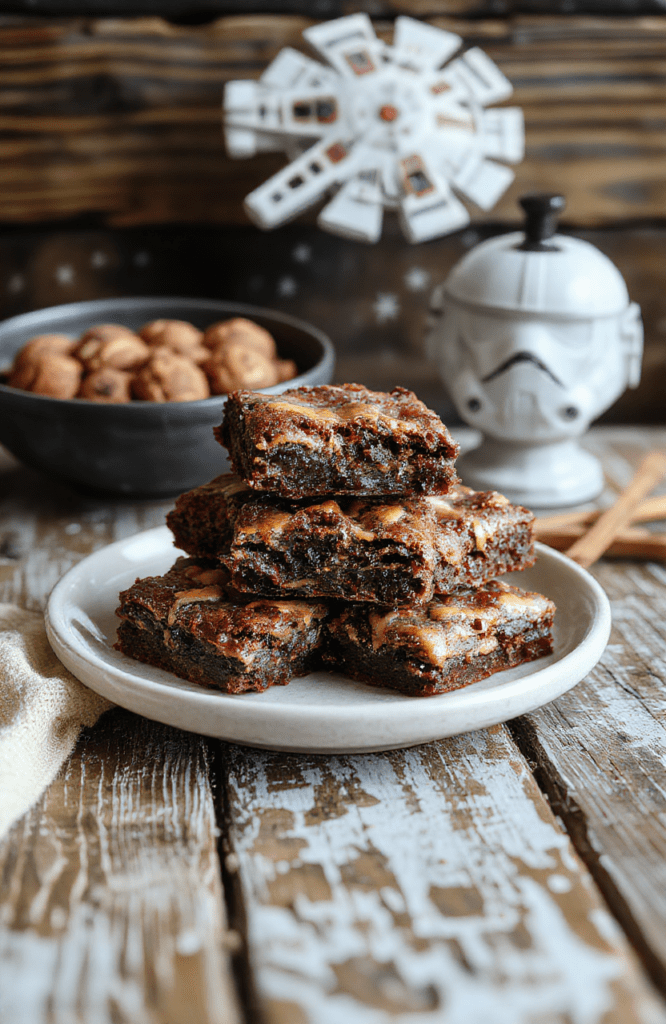 Close-up of chewy fudgy chocolate brownies on a dark wooden board, gently dusted with cocoa and cut into neat squares. The plate hints at Chewbacca and Star Wars with subtle fur-like cocoa dusting and a galaxy-themed backdrop.