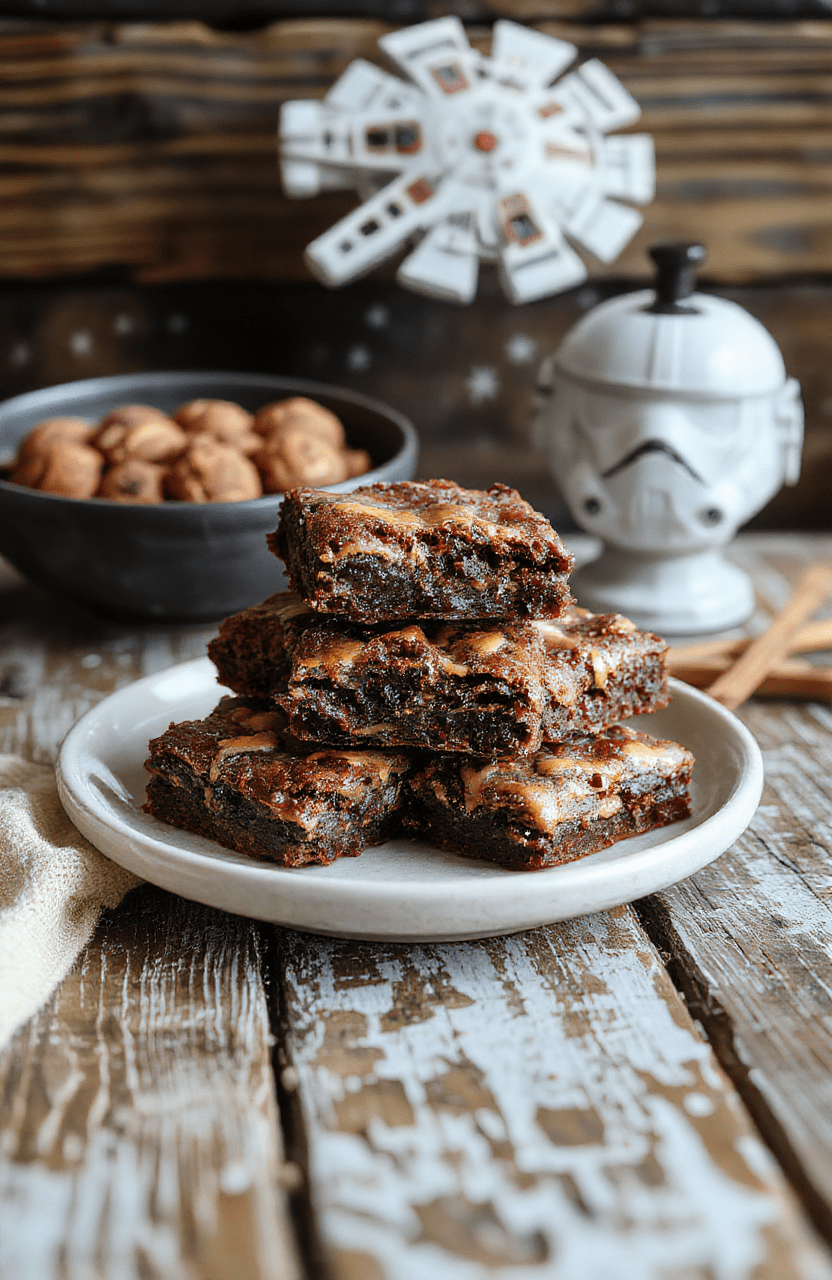 Close-up of chewy fudgy chocolate brownies on a dark wooden board, gently dusted with cocoa and cut into neat squares. The plate hints at Chewbacca and Star Wars with subtle fur-like cocoa dusting and a galaxy-themed backdrop.