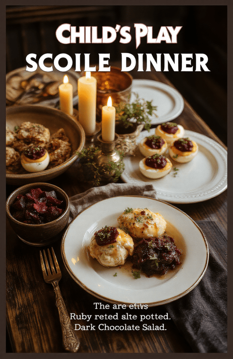 A Halloween-inspired spread titled Chucky's Child's Play Spooky Dinner Menu sits on a dark walnut table. Vintage black-rimmed plates frame a multi-course ghostly feast: beet-topped deviled eggs, herb-roasted chicken, graveyard mashed potatoes, ruby beet salad, and dark chocolate mousse with raspberry drizzle. Candlelight casts warm amber glows, while spiderweb napkin rings and a carved pumpkin centerpiece add spooky charm to the elegant, playful setup.