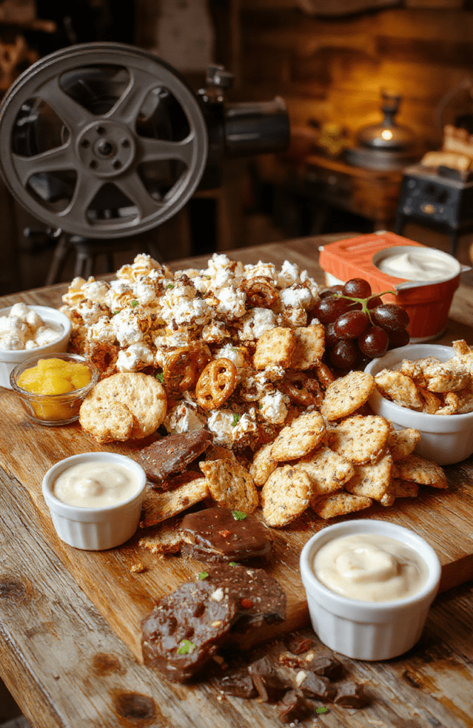 A vibrant celebrity-inspired movie night snack board on a wooden table, featuring bowls of popcorn, pretzel twists, chocolate-dipped treats, candy, grapes, and crackers arranged around small dips. A film reel decor, red napkins, and warm lighting give a cozy home-theater vibe.