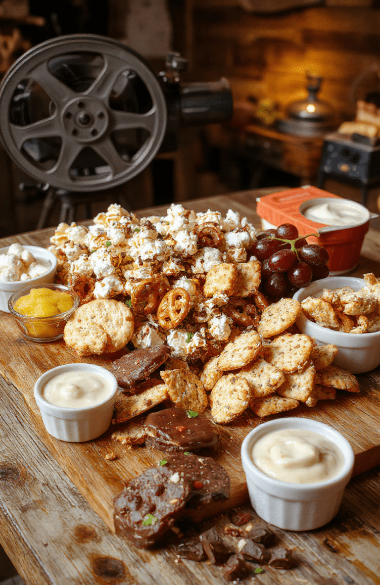 A vibrant celebrity-inspired movie night snack board on a wooden table, featuring bowls of popcorn, pretzel twists, chocolate-dipped treats, candy, grapes, and crackers arranged around small dips. A film reel decor, red napkins, and warm lighting give a cozy home-theater vibe.