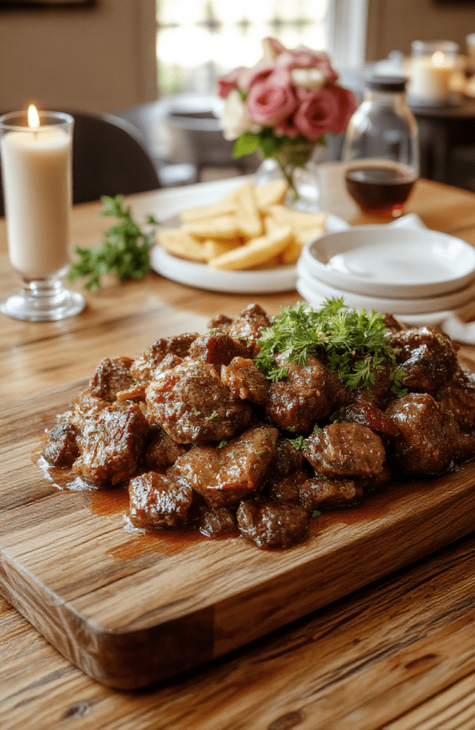 Rustic beef ragout with tender beef chunks, carrots and mushrooms in a glossy tomato sauce, served over creamy mashed potatoes on a warm, dark plate. The dish sits on a wooden table with soft candlelight ambiance.