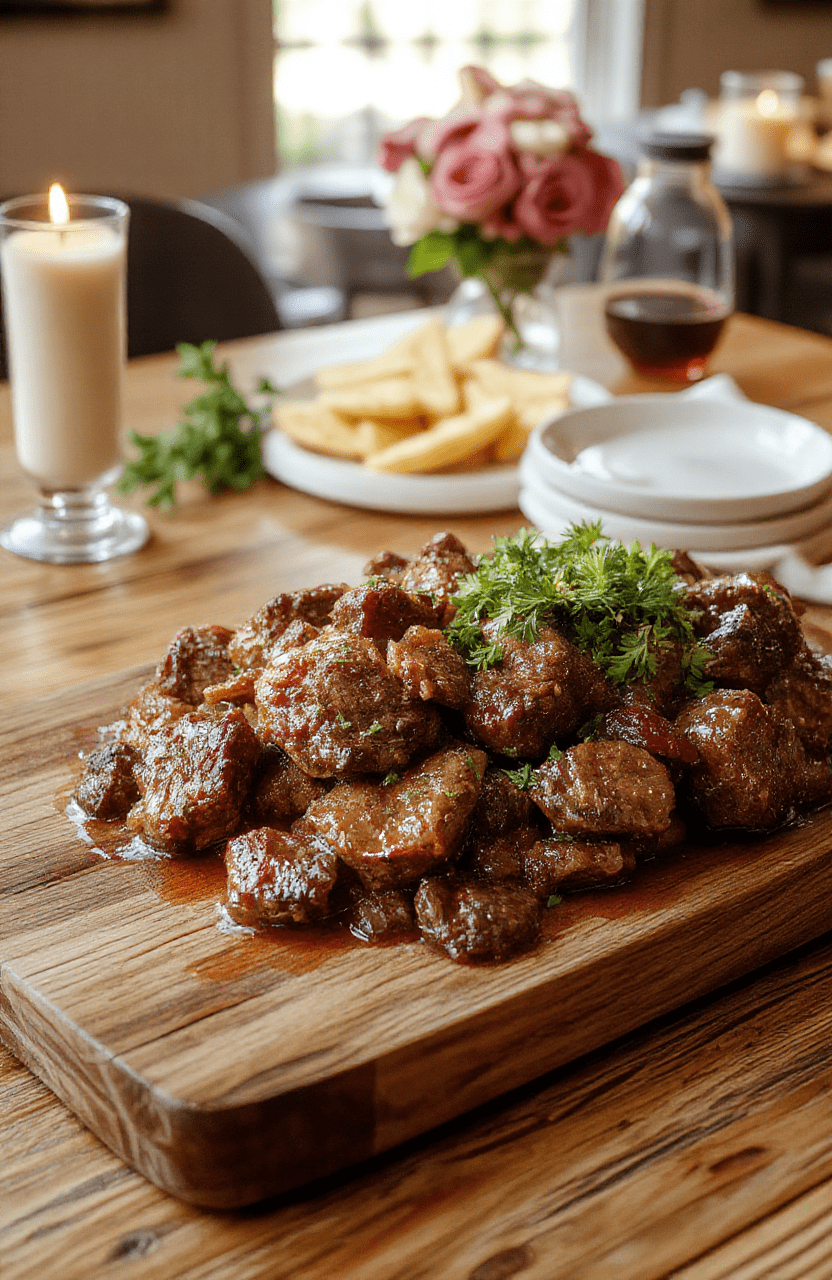 Rustic beef ragout with tender beef chunks, carrots and mushrooms in a glossy tomato sauce, served over creamy mashed potatoes on a warm, dark plate. The dish sits on a wooden table with soft candlelight ambiance.