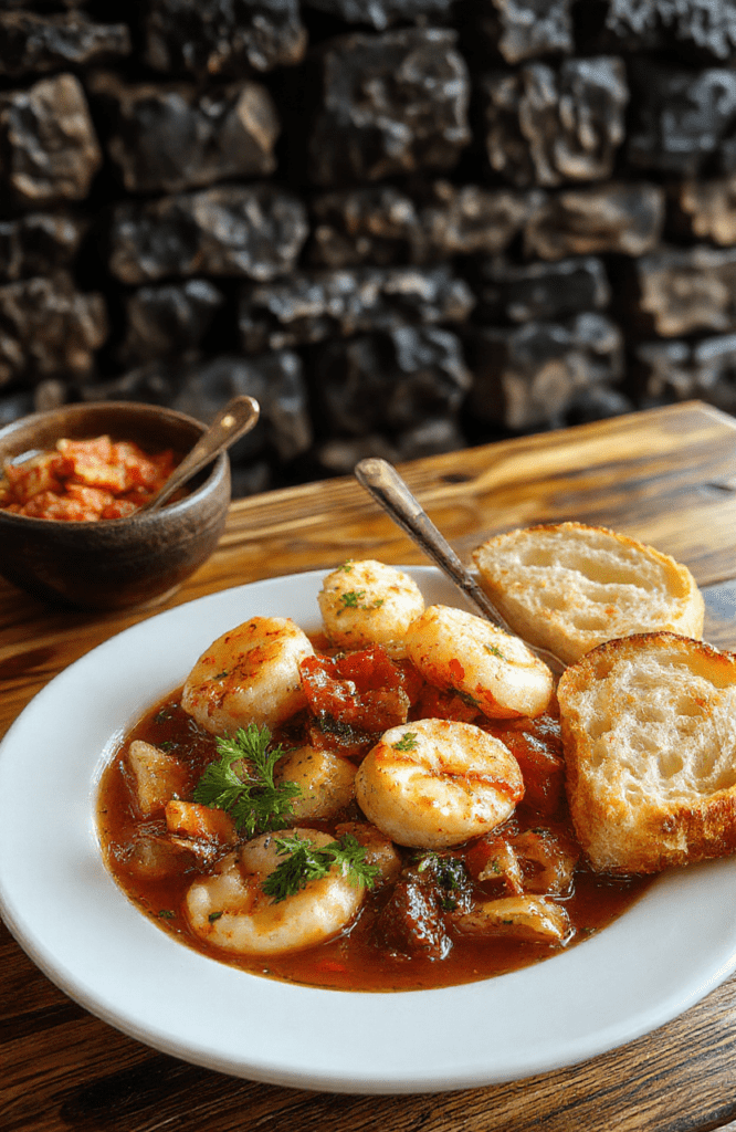Rustic deep bowl of seafood stew brimming with shrimp, mussels, and cod in a vibrant orange-red tomato broth, flecked with garlic and fennel. Garnished with fresh parsley and a twist of lemon, the dish rests on a dark wooden table with crusty bread nearby. Steam curls from the surface, and a medieval-inspired kitchen backdrop with stone walls and wrought-iron accents enhances the Game of Thrones vibe.
