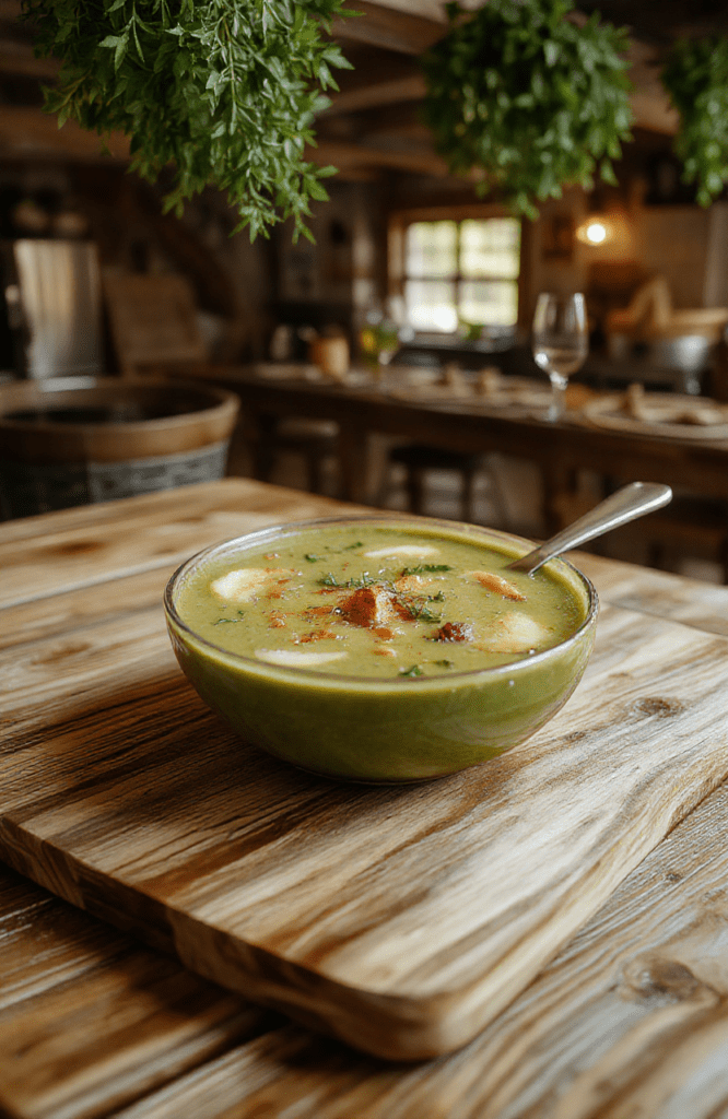Rich creamy soup with pale emerald color, melted cheddar, kale, and carrots, served in a rustic cream bowl on a dark wooden board; warm cottage-kitchen tones with herbs and a hint of Hobbit tavern atmosphere.