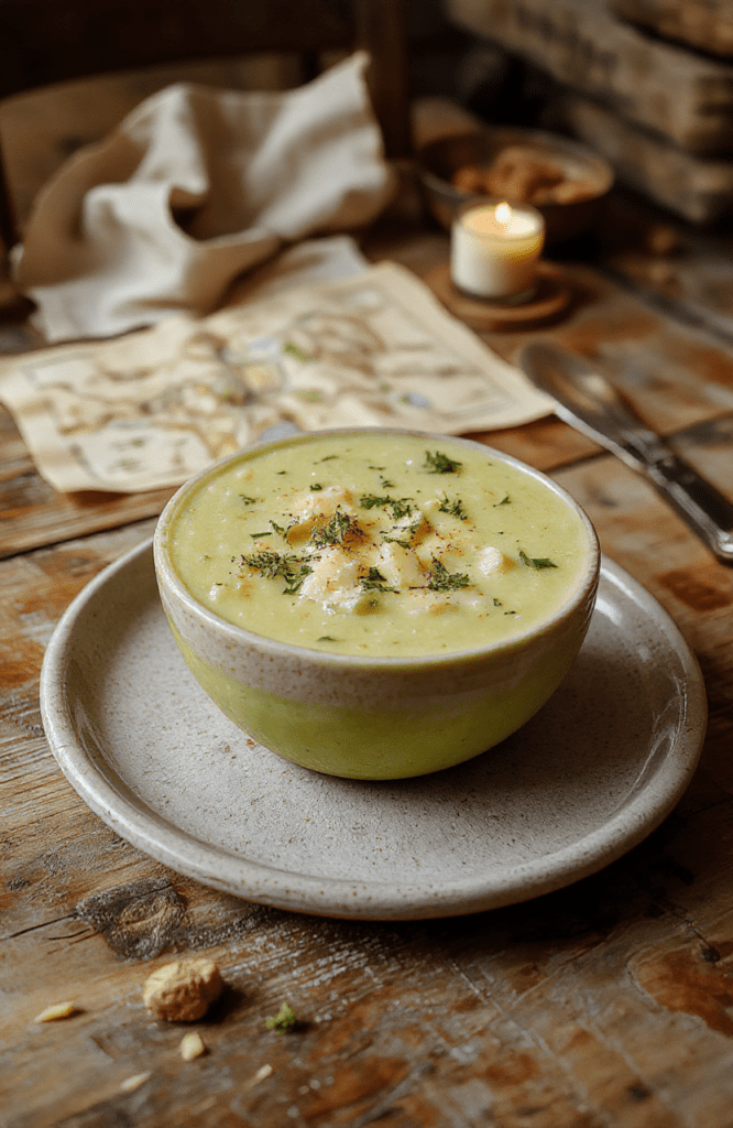 A steaming bowl of Green Dragon Ale and Cheese Soup on a rustic wooden table, creamy amber broth with melted cheddar swirls, flecks of green herbs, a crusty rye bread slice at the edge, soft steam rising in warm light.