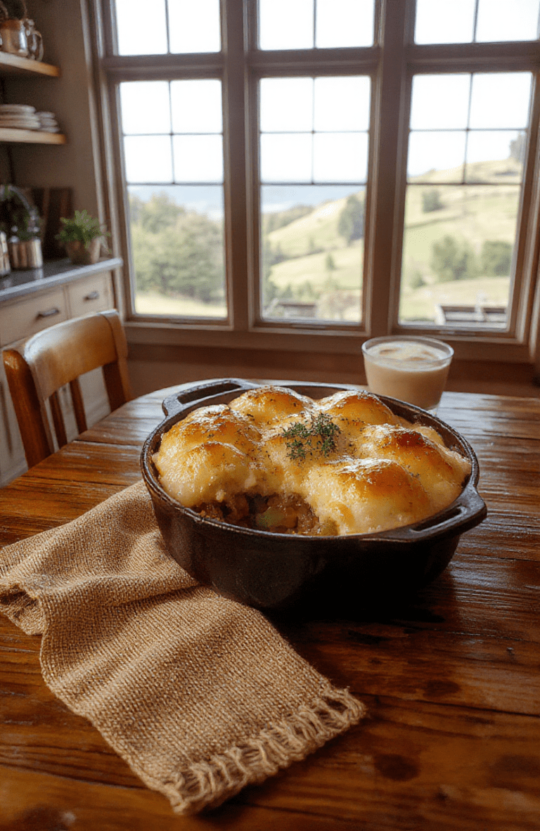 A hearty Shire Shepherds Pie in a rustic cast-iron skillet rests on a wooden table. The mashed potato crust is golden and slightly browned, with a vibrant lamb and vegetable filling peeking through the sides. Fresh parsley sprigs and a light drizzle of gravy add color, while a crusty loaf and a sprinkle of cracked pepper complete the cozy, homey presentation.