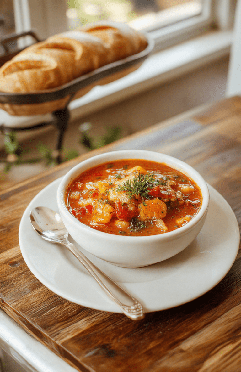 Creamy, chunky ratatouille soup in a warm ceramic bowl, vibrant orange-red tomato broth with zucchini ribbons, eggplant chunks, bell pepper, and herbs. Garnished with chopped parsley, a drizzle of olive oil, and a rustic baguette slice beside a wooden table in soft Provence light.