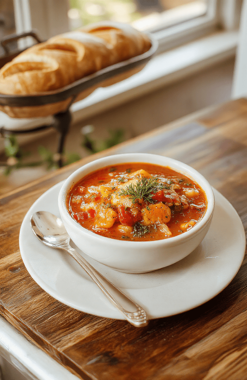 Creamy, chunky ratatouille soup in a warm ceramic bowl, vibrant orange-red tomato broth with zucchini ribbons, eggplant chunks, bell pepper, and herbs. Garnished with chopped parsley, a drizzle of olive oil, and a rustic baguette slice beside a wooden table in soft Provence light.
