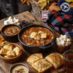 A cozy fall football movie night spread on a rustic wooden table: a cast iron pot of chili, warm cornbread squares, mini sliders, bowls of toppings, fluffy popcorn, and cinnamon-spiced apple cider. Autumn leaves and Titans memorabilia in the background with warm amber lighting and a plaid blanket for texture.
