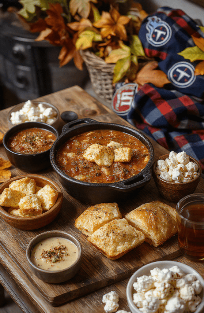 A cozy fall football movie night spread on a rustic wooden table: a cast iron pot of chili, warm cornbread squares, mini sliders, bowls of toppings, fluffy popcorn, and cinnamon-spiced apple cider. Autumn leaves and Titans memorabilia in the background with warm amber lighting and a plaid blanket for texture.