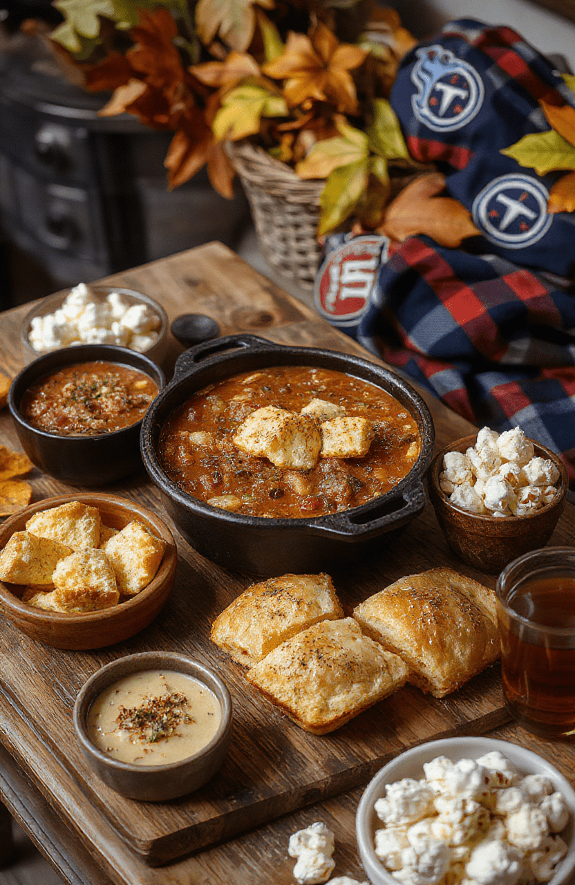 A cozy fall football movie night spread on a rustic wooden table: a cast iron pot of chili, warm cornbread squares, mini sliders, bowls of toppings, fluffy popcorn, and cinnamon-spiced apple cider. Autumn leaves and Titans memorabilia in the background with warm amber lighting and a plaid blanket for texture.