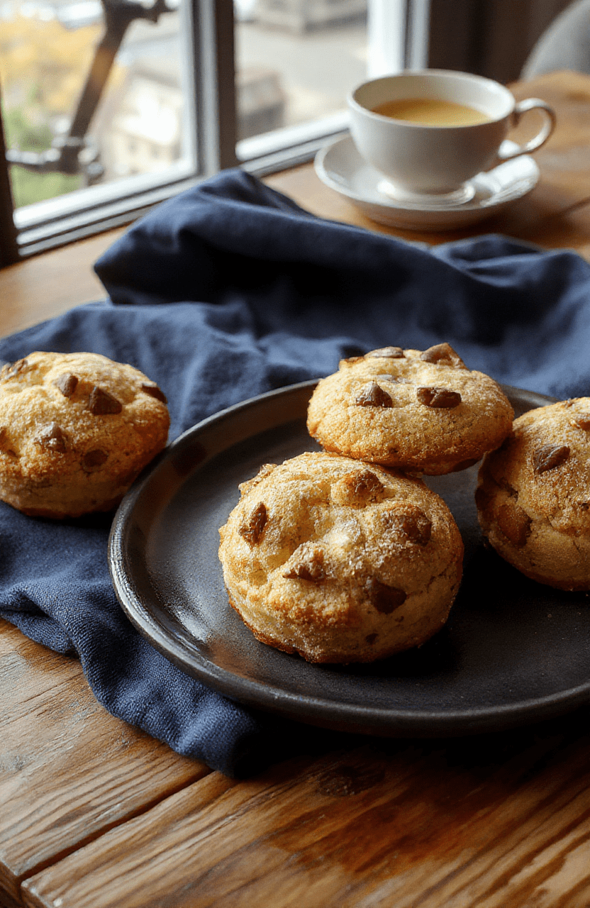 Golden-brown Cozy Sherlock Holmes Tea Cakes arranged on a white plate dusted with powdered sugar, set on a rustic wooden table with a blue linen behind. A vintage teapot and teacup sit nearby, with a London fog window in the background and warm amber lighting.