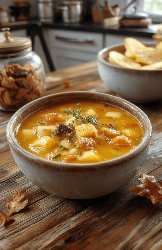 A rustic ceramic bowl of Cozy Shire Harvest Soup sits on a wooden table. The orange broth clings to chunky carrot, potato, and lentil pieces, topped with a sprig of thyme and a drizzle of olive oil. A crusty bread loaf rests nearby, with warm natural light highlighting the textures and autumn colors.