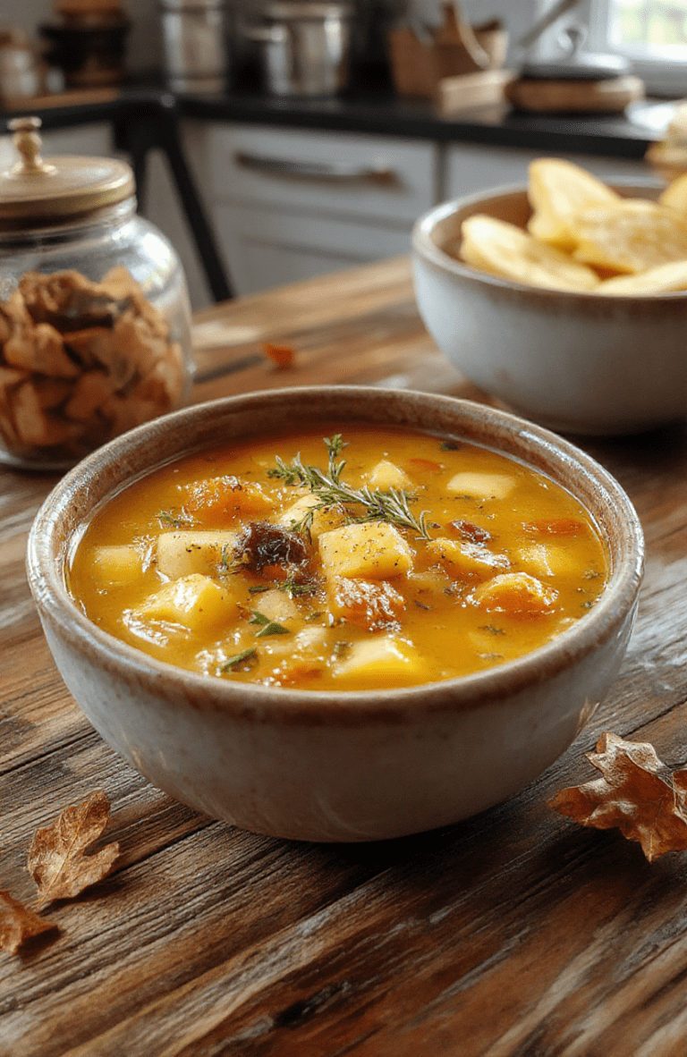 A rustic ceramic bowl of Cozy Shire Harvest Soup sits on a wooden table. The orange broth clings to chunky carrot, potato, and lentil pieces, topped with a sprig of thyme and a drizzle of olive oil. A crusty bread loaf rests nearby, with warm natural light highlighting the textures and autumn colors.