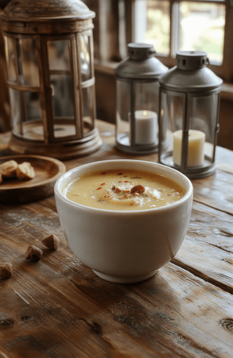 A velvety hazelnut soup in a light ceramic bowl, swirled with cream and sprinkled with toasted hazelnuts and cinnamon. The bowl rests on a rustic wooden table with warm light and a Tangled-inspired backdrop of lanterns and a distant castle silhouette.