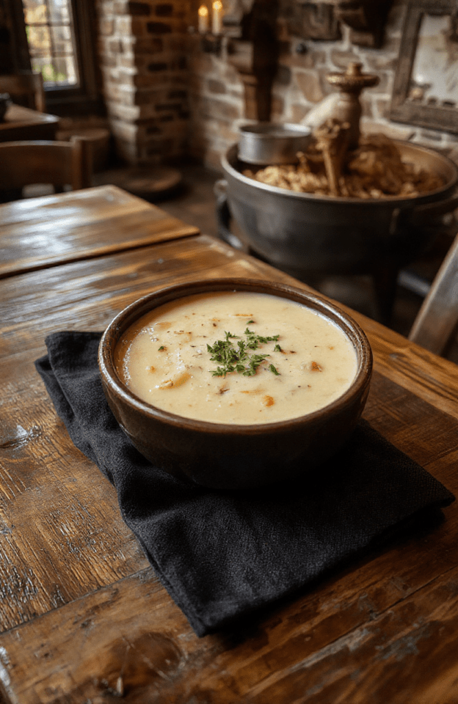 A bowl of creamy beer cheese soup with a swirl of cheddar, chopped chives, and a crusty bread on a rustic wooden table, steaming softly in warm light, evoking a tavern vibe.