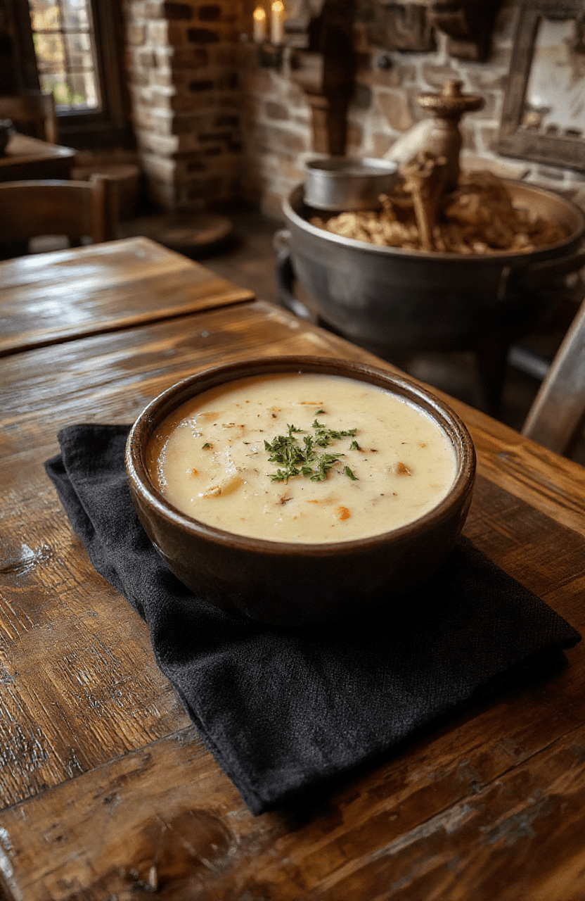 A bowl of creamy beer cheese soup with a swirl of cheddar, chopped chives, and a crusty bread on a rustic wooden table, steaming softly in warm light, evoking a tavern vibe.