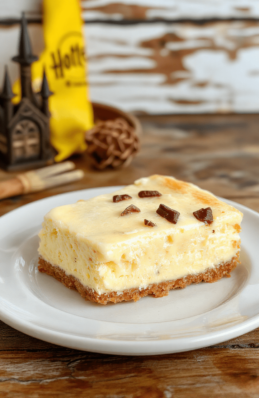 A creamy Butterbeer cheesecake sits on a glossy graham crust in a round springform pan, revealing a pale vanilla center swirled with caramel tones. The slice shows a smooth texture and delicate crust, topped with whipped cream and a drizzle of caramel. The scene uses warm lighting with a Hogwarts-inspired backdrop.