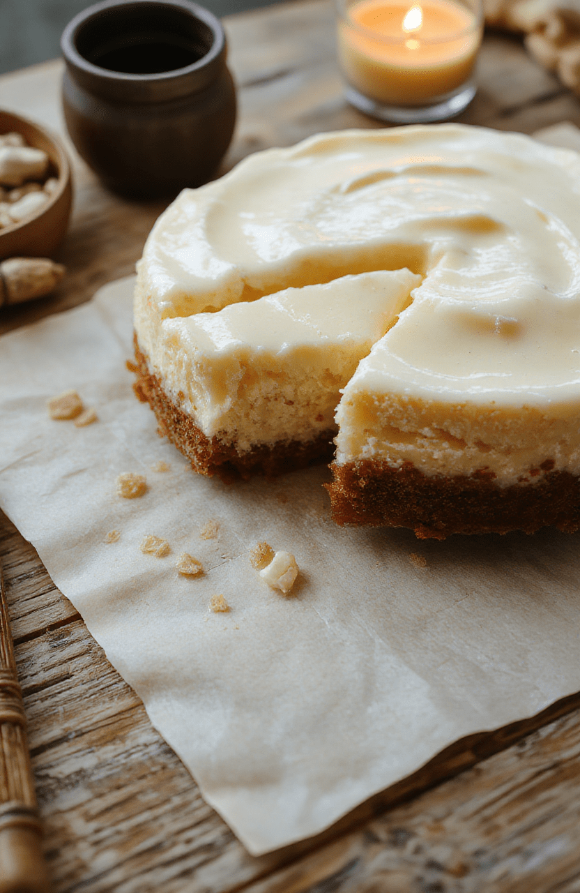 A slice of creamy butterbeer cheesecake sits on a pale ceramic plate with a crisp graham crust, swirls of caramel and whipped cream topping, and a drizzle of butterscotch. The dessert rests on a warm wooden board with a parchment backdrop; a small cauldron mug hints at Butterbeer magic.
