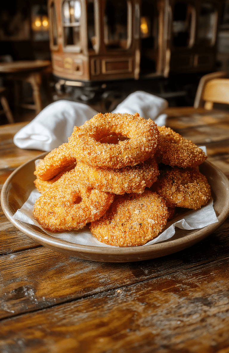 Golden brown crispy beer-battered onion rings on a white plate, with a small dipping sauce, set on a rustic wooden board. The rings are evenly coated, with a light, airy crust and visible onion layers. Warm natural light highlights the textures and a subtle paprika dust adds color.