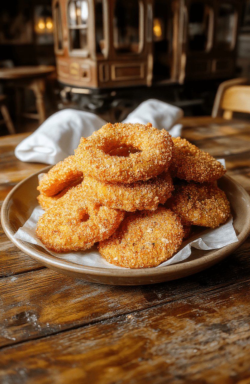 Golden brown crispy beer-battered onion rings on a white plate, with a small dipping sauce, set on a rustic wooden board. The rings are evenly coated, with a light, airy crust and visible onion layers. Warm natural light highlights the textures and a subtle paprika dust adds color.