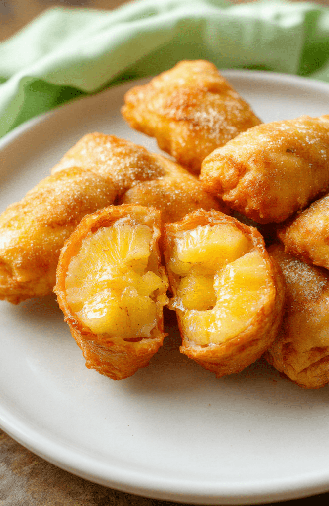 Golden crispy lumpia filled with vibrant pineapple, sliced to reveal juicy filling, resting on a white plate with a light mint backdrop, crisp edges and a subtle glaze for shine.